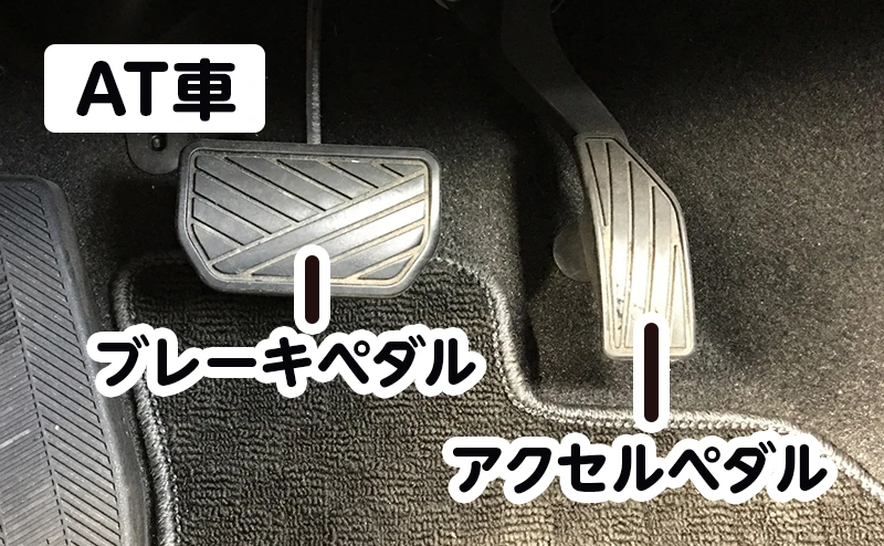 AT車のペダルは2つで、右が加速用のアクセルペダル、左寄りが減速・停止用のブレーキペダルです。
